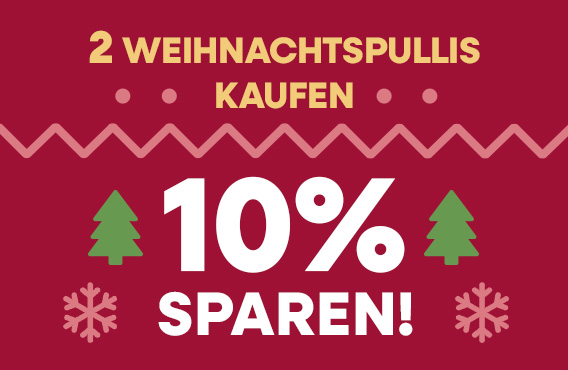 Grafik im Weihnachtsstil mit Tannenbäumen und Schneeflocken. Text: „2 Weihnachtspullis kaufen, 10 Prozent sparen“.