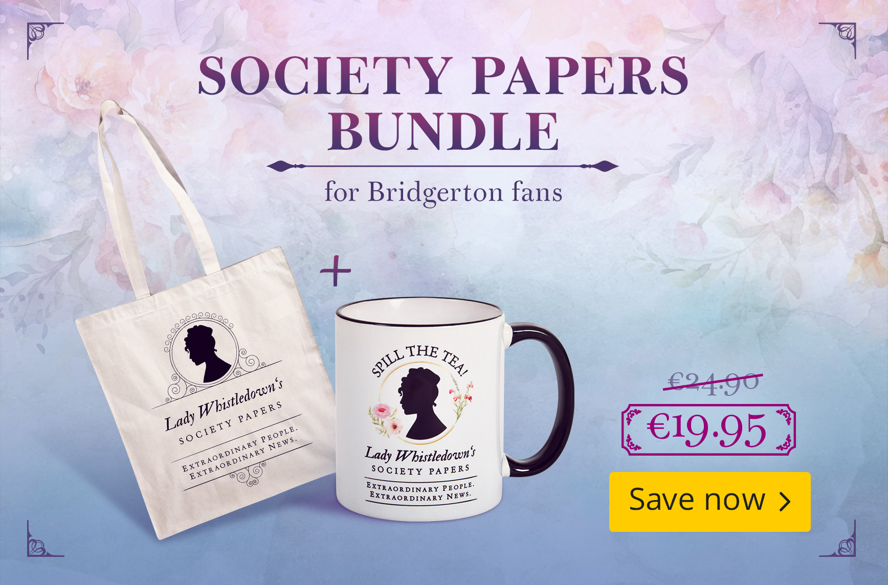 Bridgerton Society Papers bundle featuring a tote bag and mug with Lady Whistledown design, presented as a discounted set for Bridgerton fans.