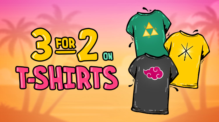 Three colourful T-shirts with symbols from Zelda, Naruto and Harry Potter in front of a sunset with palm trees. Text: 3 for 2 on T-shirts.