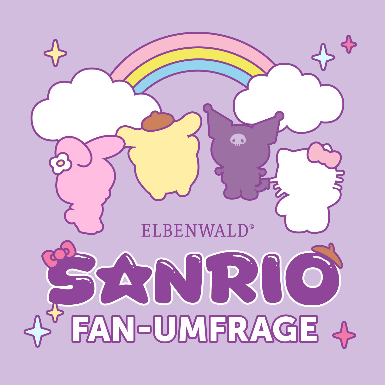 Vier Sanrio-Figuren (My Melody, Pompompurin, Kuromi und Hello Kitty) als bunte Outlines vor einem Regenbogen mit Wolken. Darüber steht „Elbenwald“, darunter „Sanrio Fan-Umfrage“ auf pastell-lila Hintergrund.