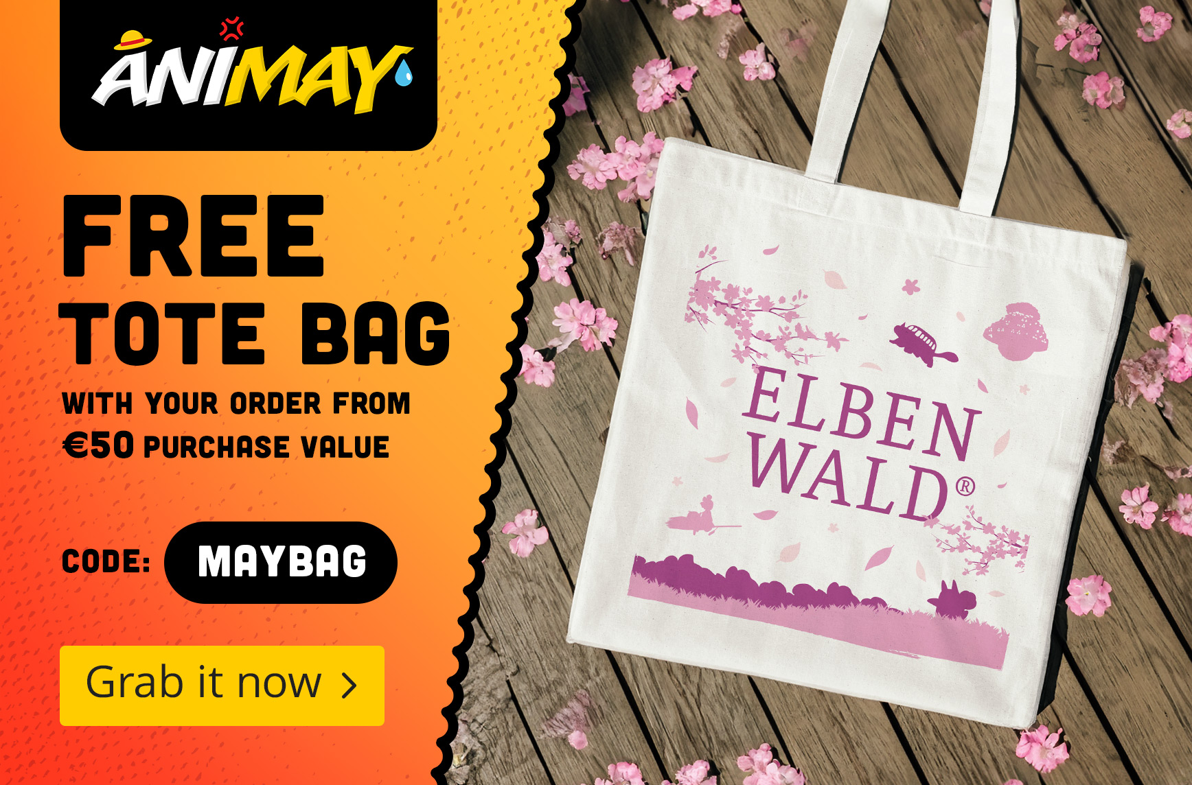 Tote bag with Elbenwald logo and cherry blossom design on wooden floor, surrounded by pink petals. Text: Free tote bag with your order from 50 euro purchase value, code: maybag, grab it now.