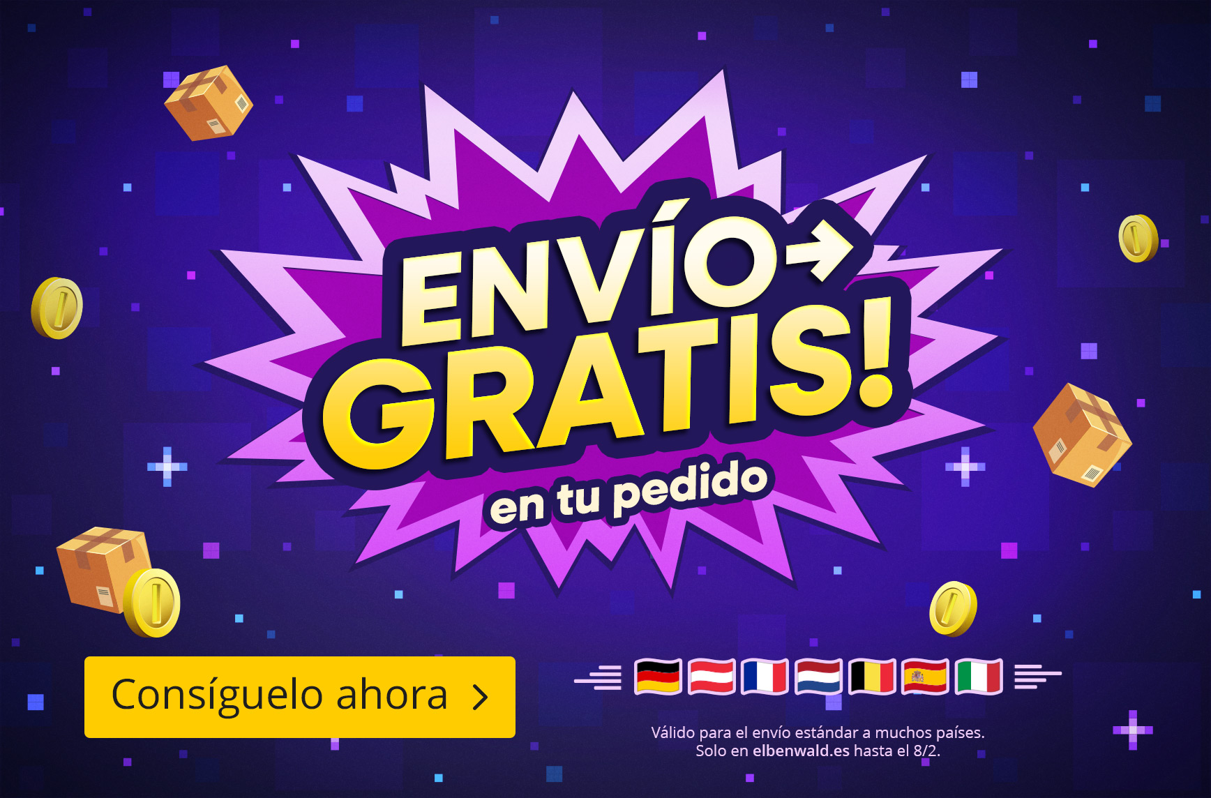 Gráfico promocional con el texto “Envío gratis en tu pedido”, rodeado de paquetes y monedas, con botón. Letra pequeña: Válido para el envío estándar a muchos países, solo en elbenwald.es hasta el 8/2.