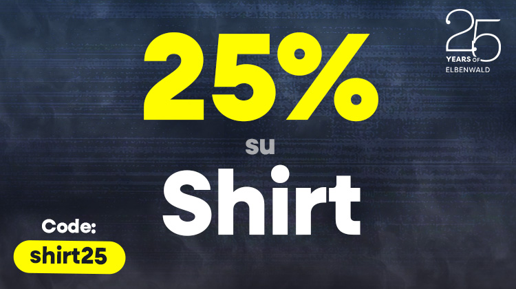 Grafica con testo: 25% di sconto sulle magliette, codice shirt25. Logo anniversario “25 anni Elbenwald”.