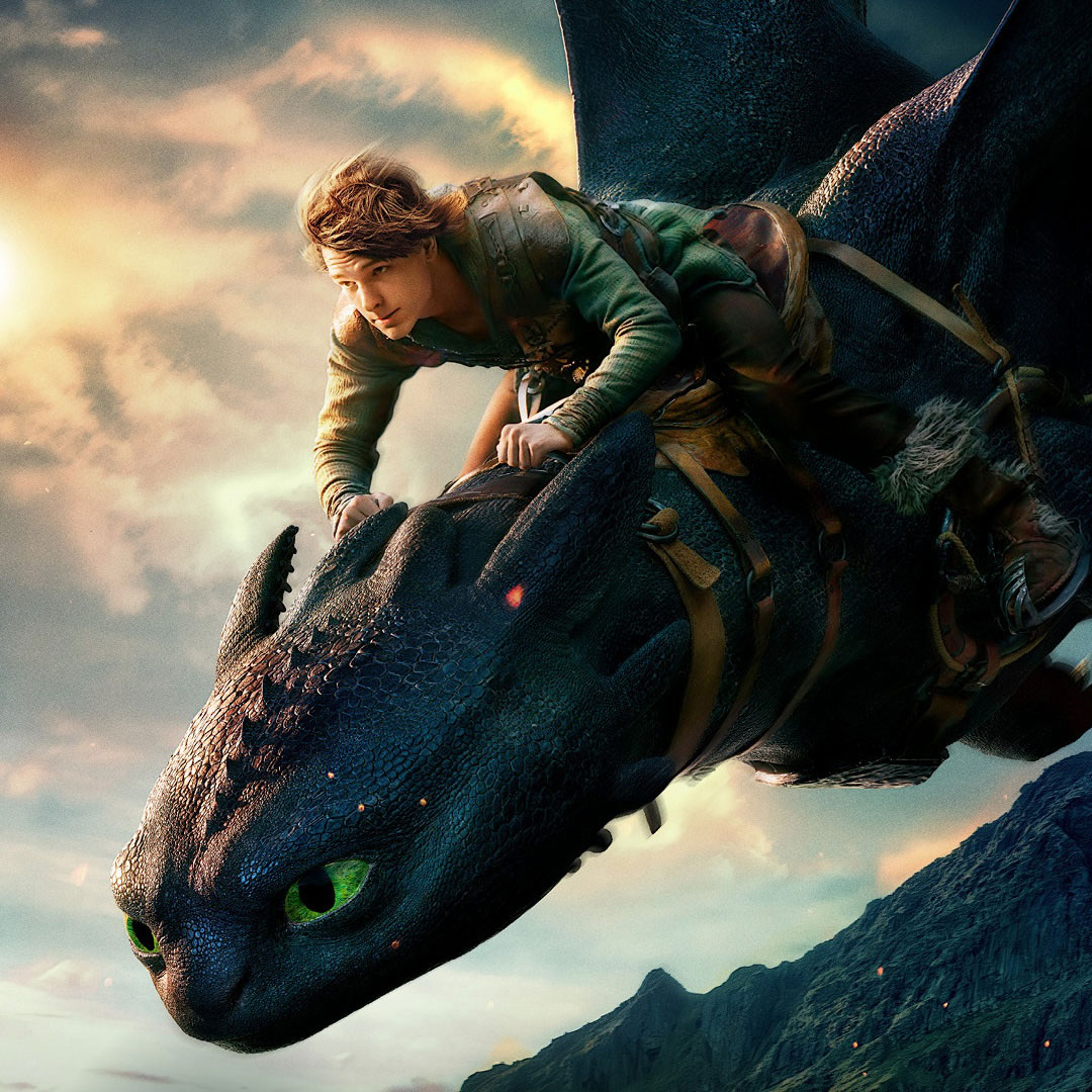 A young Viking rides a large black Night Fury dragon through the sky, with a dramatic sky in the background.