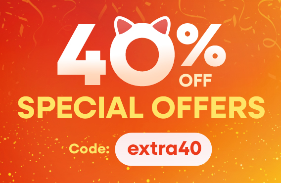 Red panda holding shopping bags on an orange background. Text: 40% off sale items with code extra40.