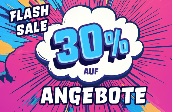 Bunte Flash Sale Grafik mit Comic-Effekt. Text: 30 % auf Angebote, Code extra30, Jetzt sparen.