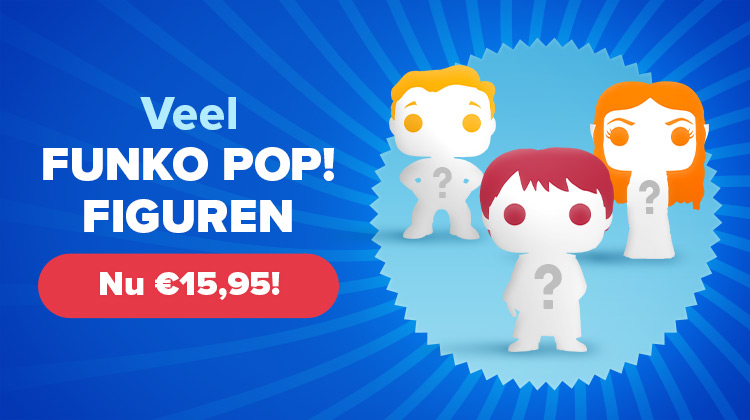 Drie gestileerde Funko Pop!-figuren met vraagtekens op de borst op een blauwe achtergrond. Tekst: Veel Funko Pop! figuren – Nu €15,95! Elbenwald-promografiek.