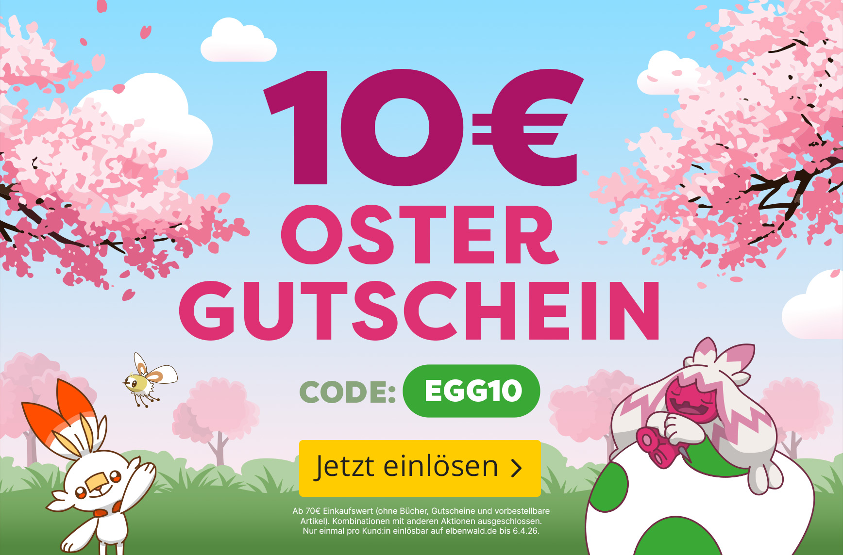 Frühlingsmotiv mit Kirschblüten und Pokémon Scorbunny und Bewear. Text: 10 € Ostergutschein, Code EGG10. Jetzt einlösen.