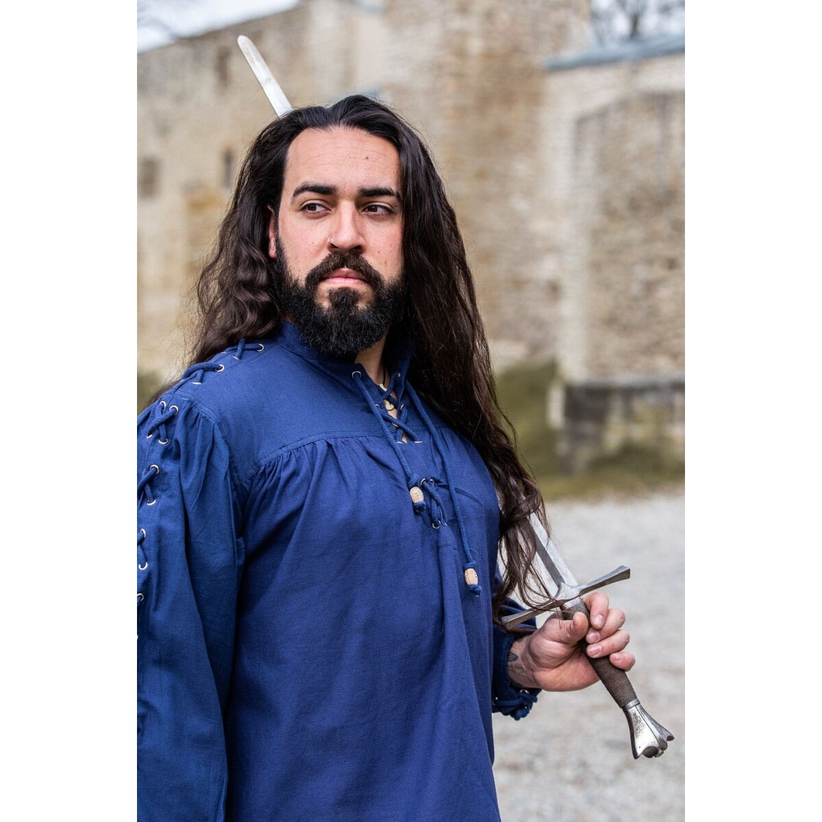 Średniowieczna koszula sznurowana z oczkami Adrian niebieska