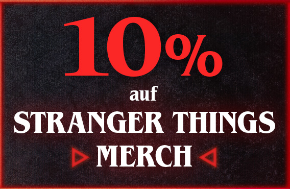 Grafik mit dem Hinweis „10 % auf Stranger Things Merch“ auf dunklem Hintergrund im Stil der Serie.
