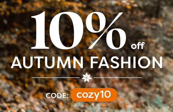 Text graphic with autumn background: “10% off autumn fashion, Code: cozy10.”