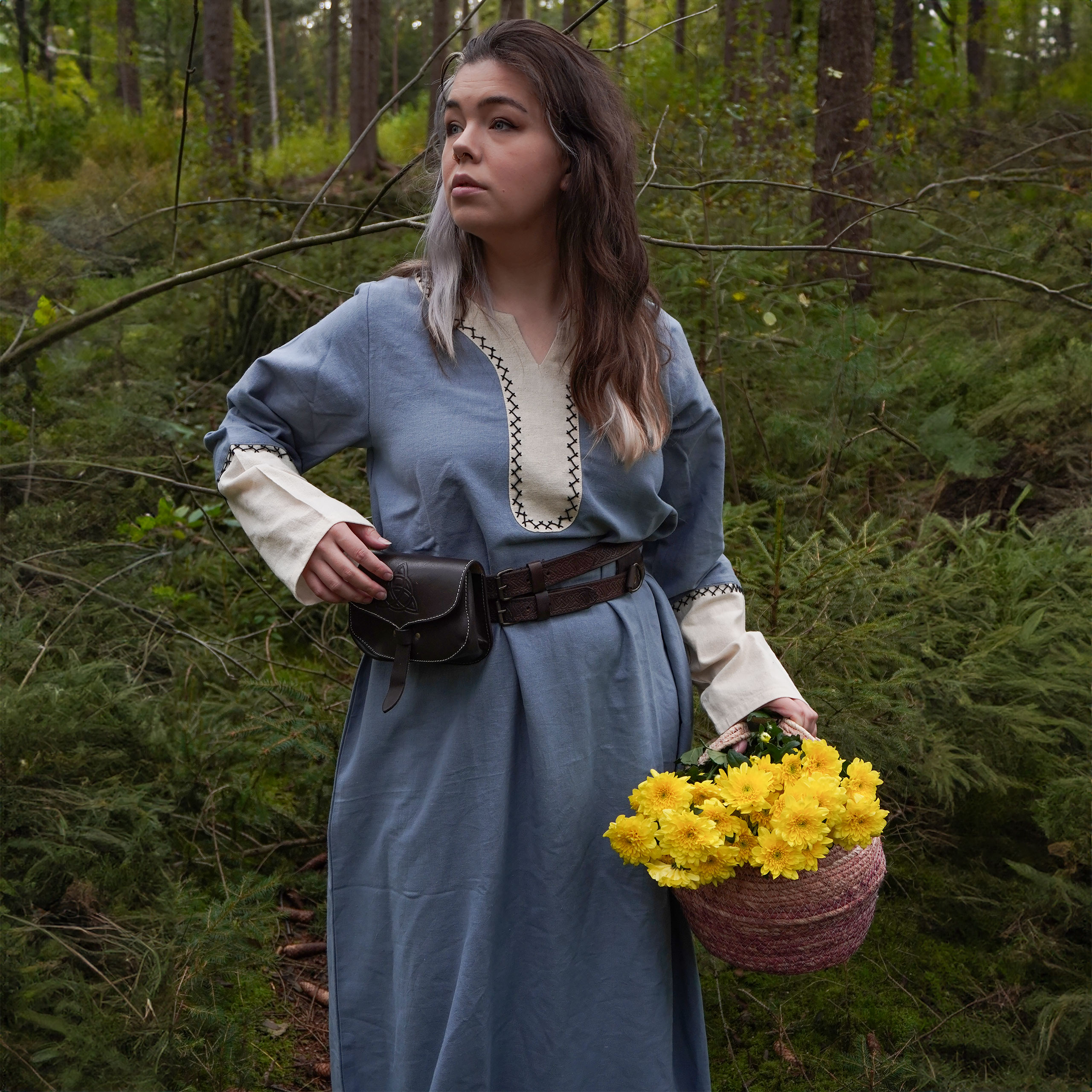 Medieval dress with hand embroidery blue