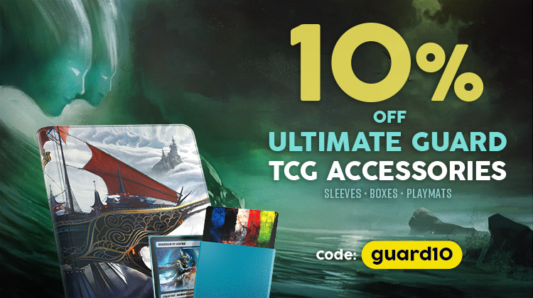 Fantasy-themed graphic showing Ultimate Guard trading card accessories: playmat, card sleeve and deck box. Text: 10% off Ultimate Guard TCG accessories – Code: guard10 – Sleeves, boxes, playmats.