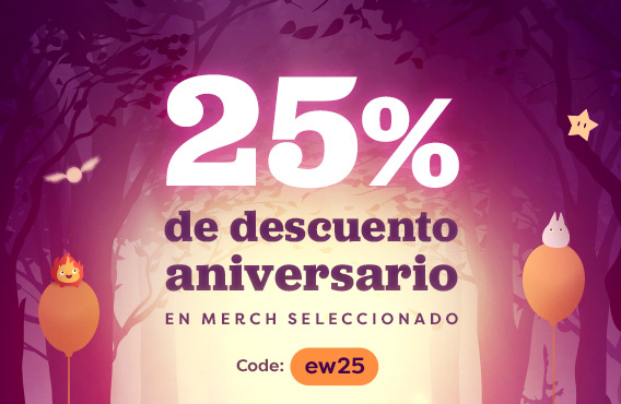 Ilustración de un bosque con globos y pequeñas criaturas mágicas. Texto: “25% de descuento de aniversario en merch seleccionado. Code: ew25”
