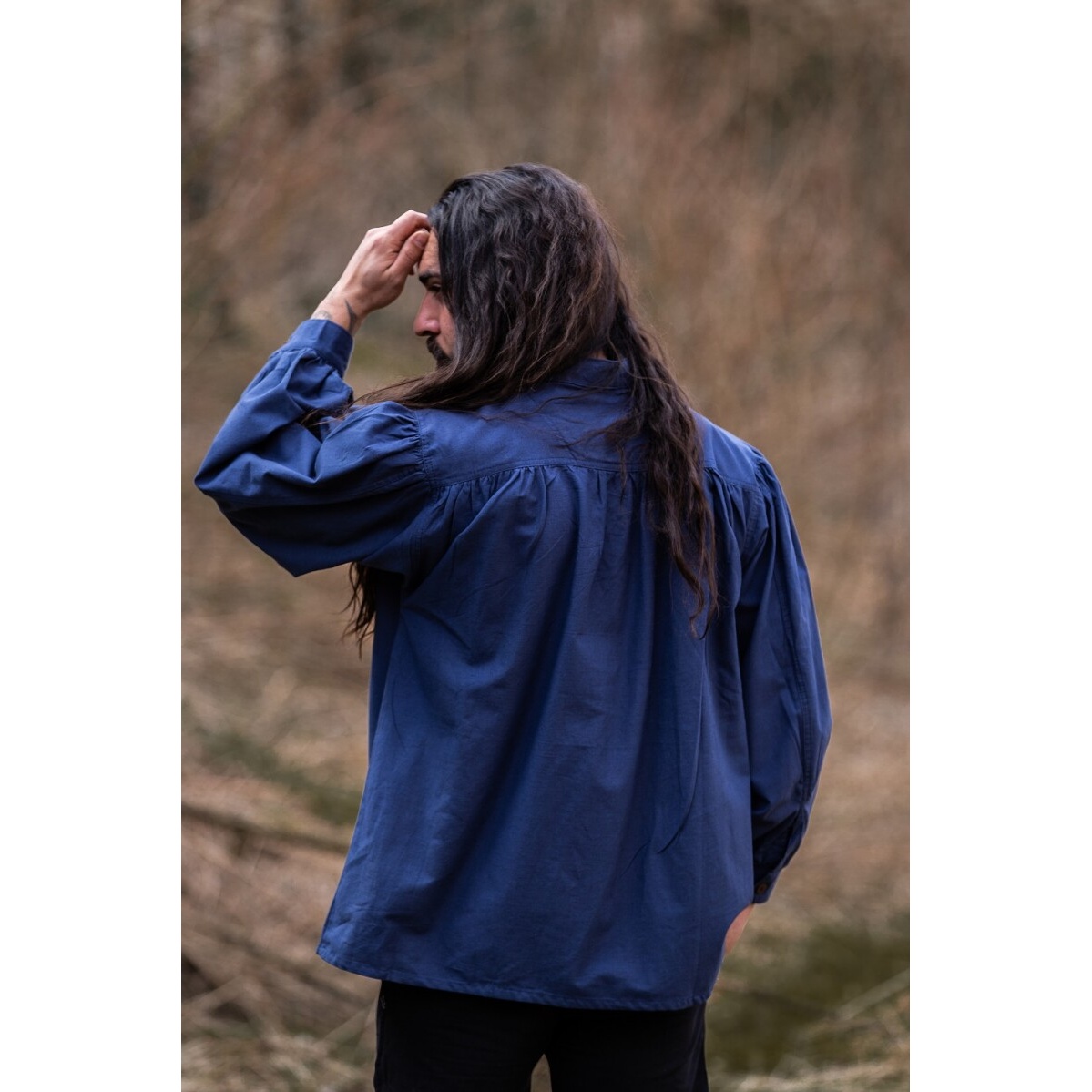 Chemise médiévale à col officier lacée Friedrich bleu