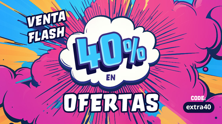 Gráfico colorido estilo cómic con bocadillo de texto: 40 % en ofertas. Texto: Flash Sale – Código: extra40 – Ahorra. Gráfico promocional de Elbenwald.