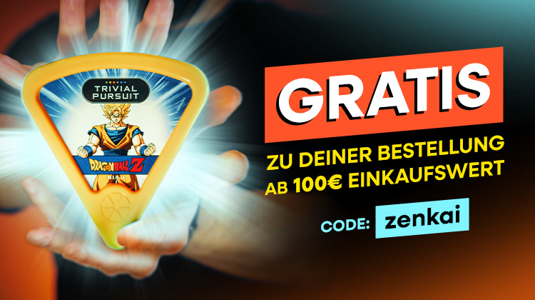 Hände halten ein leuchtendes Dragon Ball Z Trivial Pursuit Spiel mit Son-Goku-Motiv. Text: Gratis zu deiner Bestellung ab 100 € Einkaufswert. Code: zenkai.