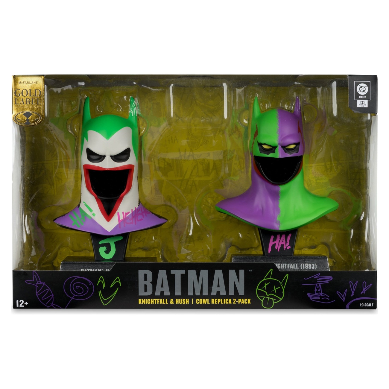 Batman DC Direct Mini-Replik 1/3 2er-Pack Batman Masken Hush & Knightfall (Jokerized) (Gold Label) 18 cm
