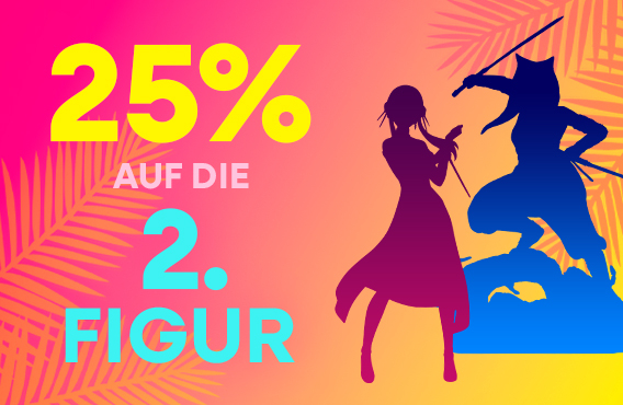 Bunte Grafik mit Anime-Silhouetten und Palmen. Text: 25 % auf die 2. Figur.