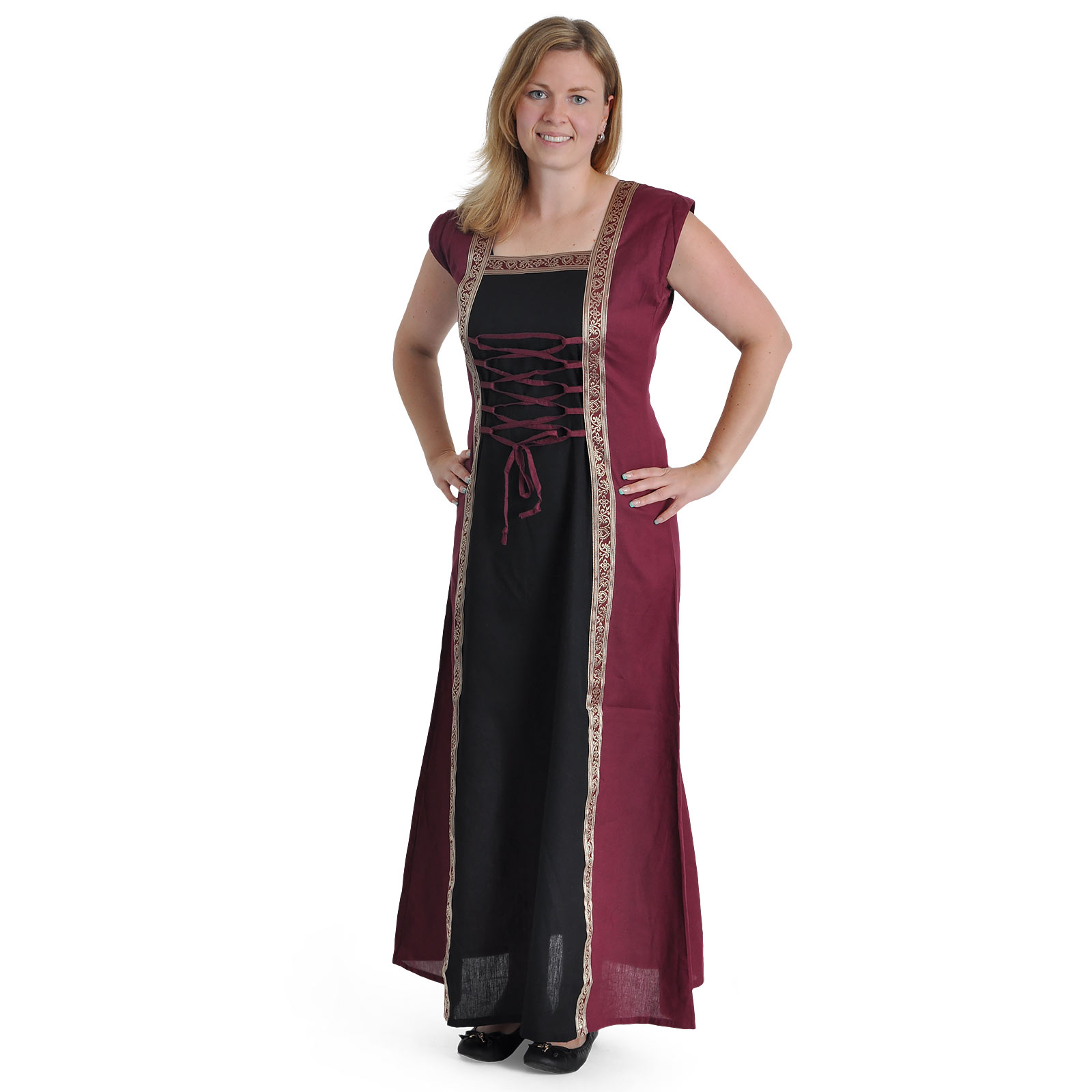 Mittelalter Kleid Applonia mit abnehmbaren Ärmeln schwarz-bordeaux