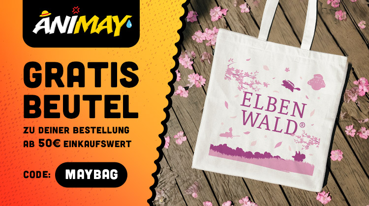 Stoffbeutel mit Elbenwald-Logo und Kirschblüten-Design liegt auf Holzboden, umgeben von rosa Blüten. Text: Gratis Beutel zu deiner Bestellung ab 50 Euro Einkaufswert, Code: maybag.