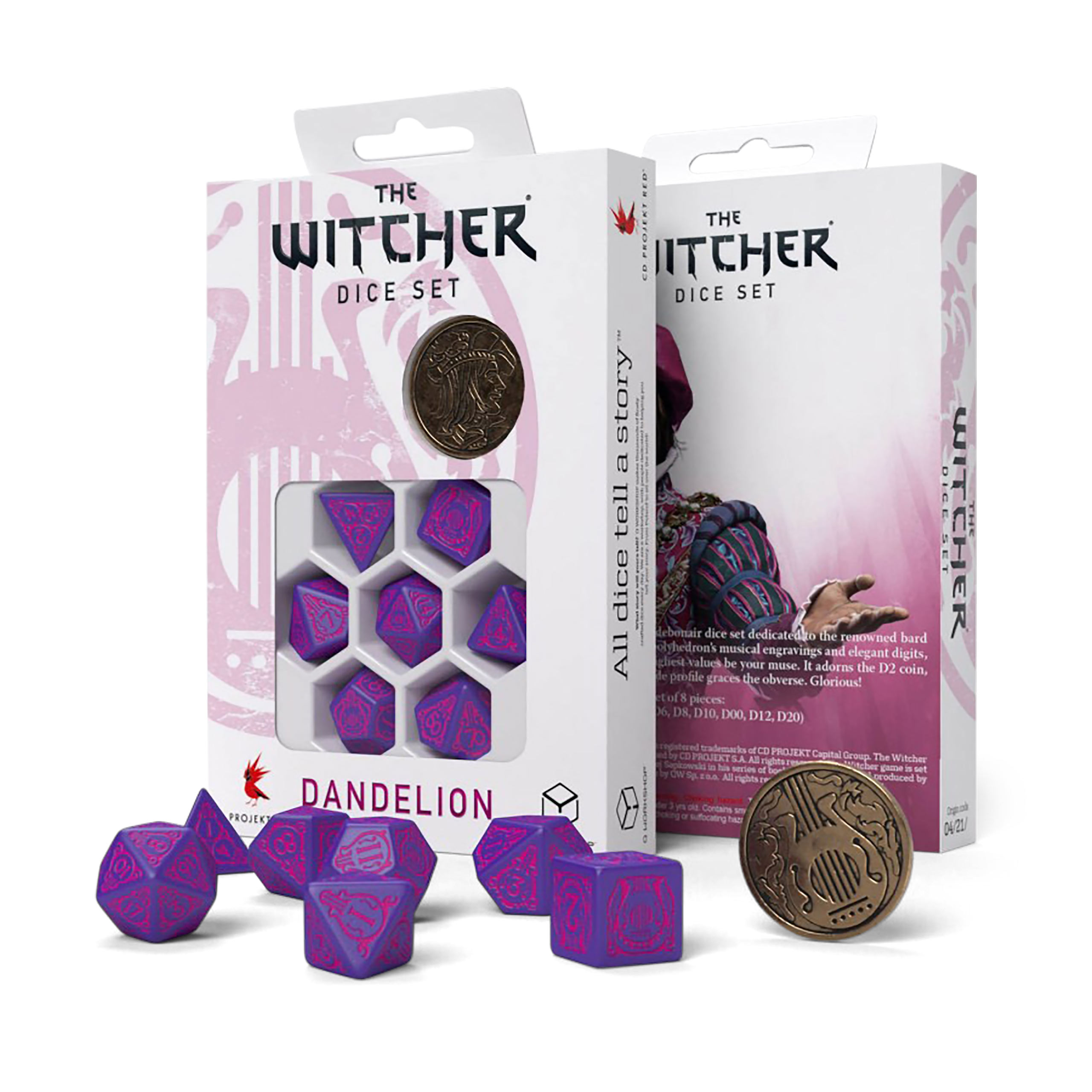 Witcher - Dandelion Conqueror of Hearts RPG Dice Set 7pcs with Collector's Coin