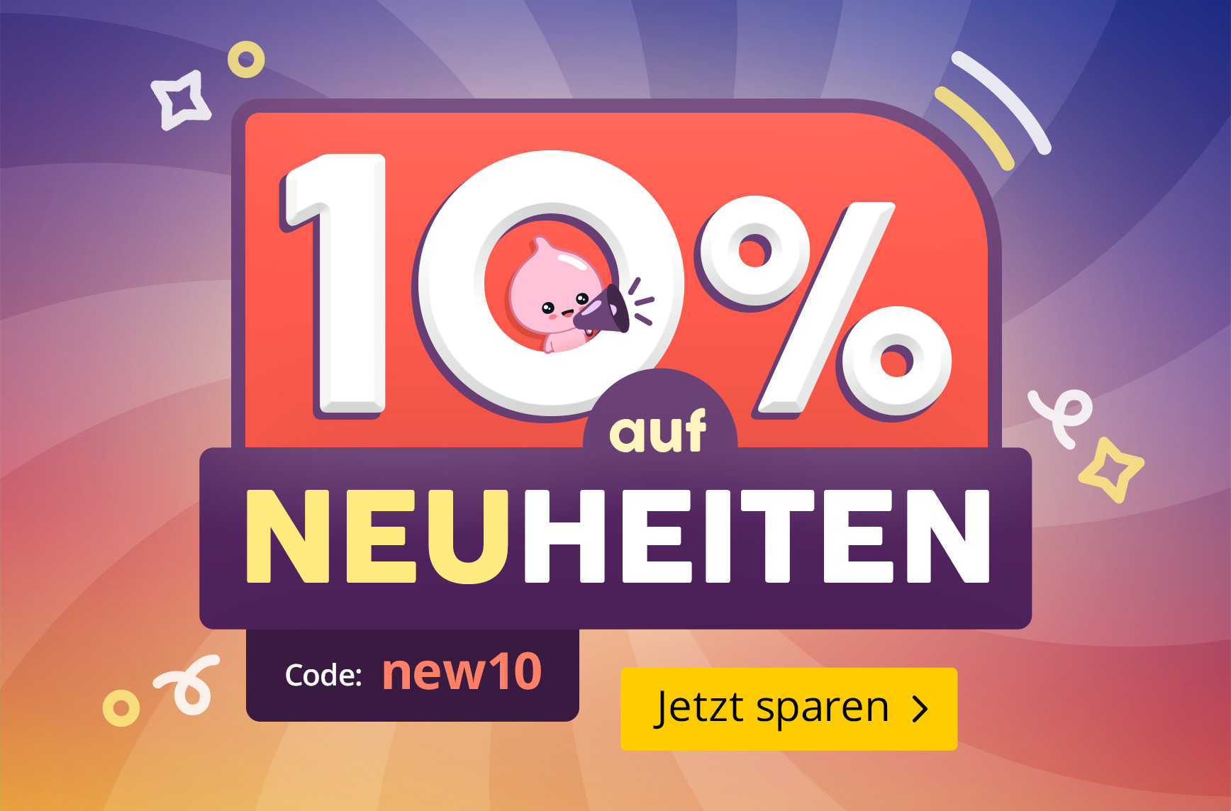 Bunte Rabattgrafik mit großem 10 %-Schriftzug, niedliches Maskottchen in der Null mit Megafon. Text: 10 % auf Neuheiten – Code: new10 – Jetzt sparen. Elbenwald-Aktionsgrafik.
