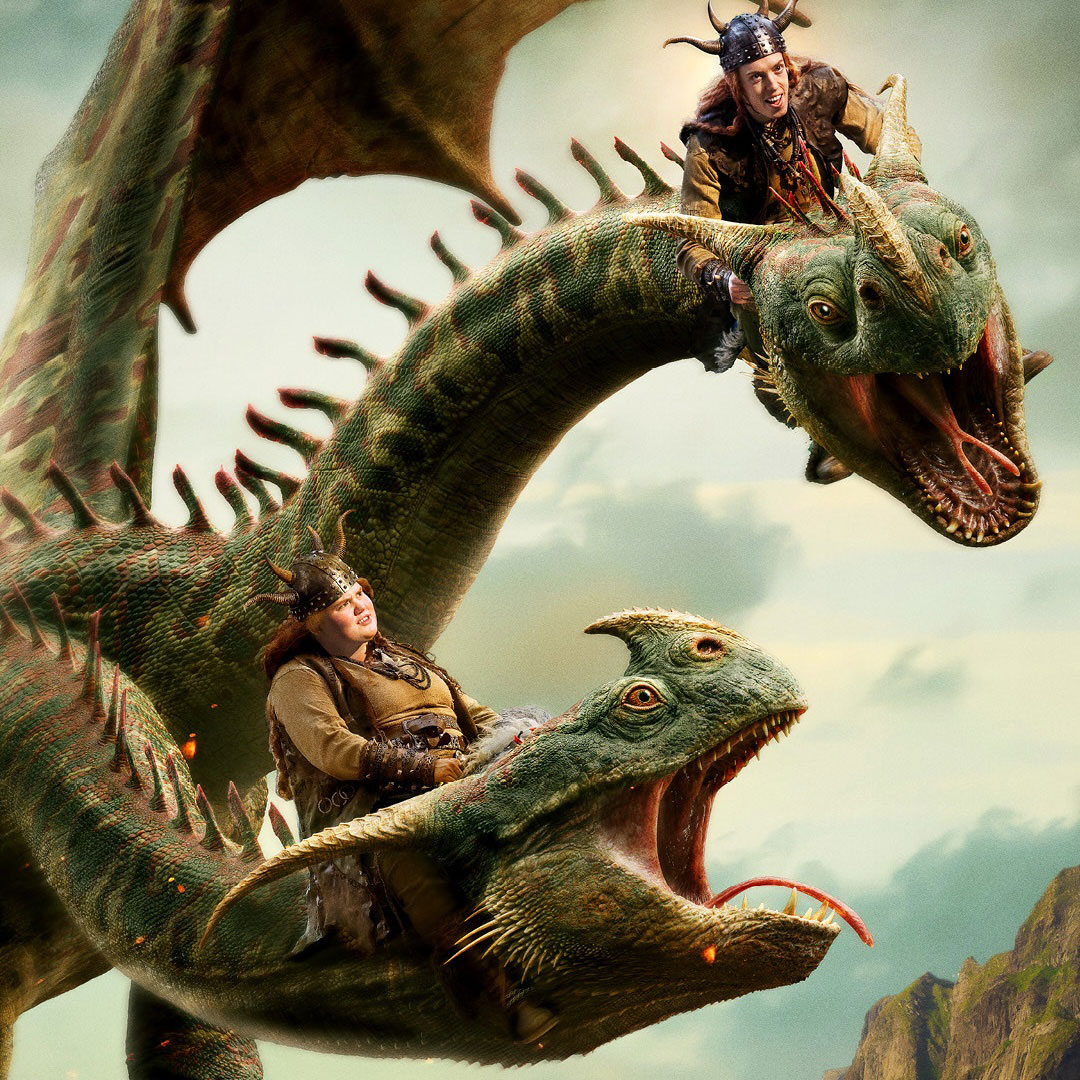 Two Vikings ride a two-headed green dragon with large wings through the sky. Both wear traditional Viking attire and appear to be enjoying the flight.