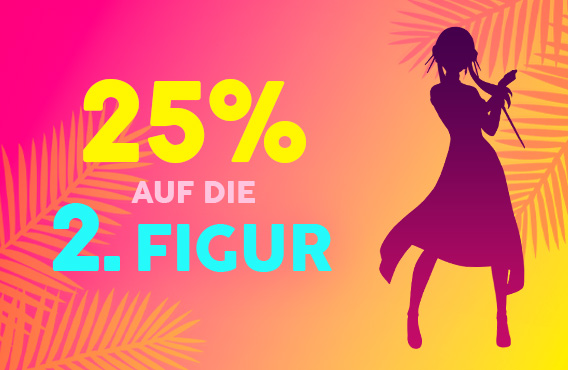 Teaserbild mit dem Text „25 % auf die 2. Figur“ auf buntem Hintergrund mit Palmen. Eine stilisierte weibliche Anime- oder Game-Figur ist zu sehen.