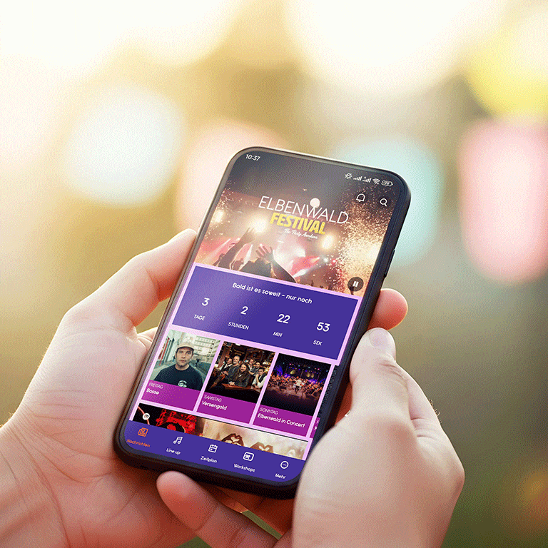 Animated GIF: Two hands hold a smartphone against a sunny, blurred background; the screen cycles through screenshots of the Elbenwald Festival app.