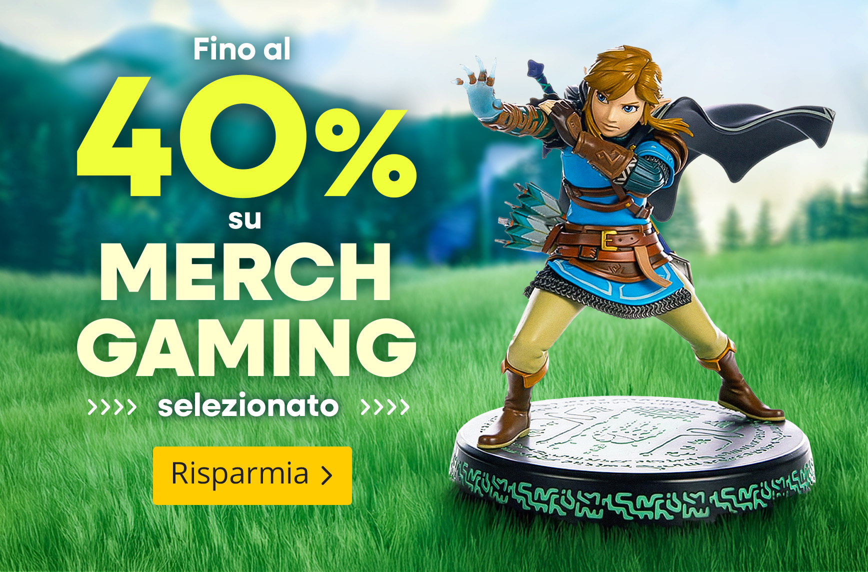 Fino al 40 percento di sconto su merchandising gaming selezionato. Action figure di un avventuriero su sfondo paesaggio verde, pulsante “Scopri ora”.