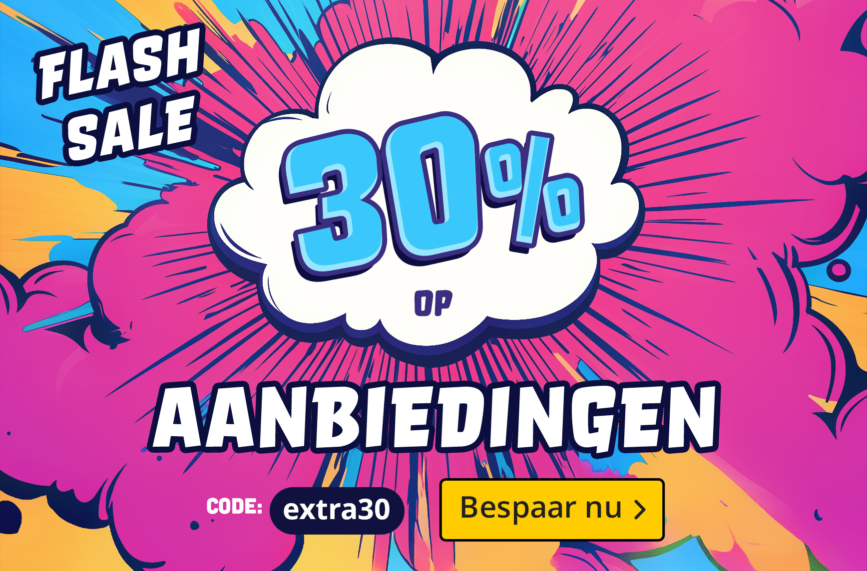 Kleurrijke flash sale afbeelding in stripstijl. Tekst: 30% korting op aanbiedingen, code extra30, bespaar nu.