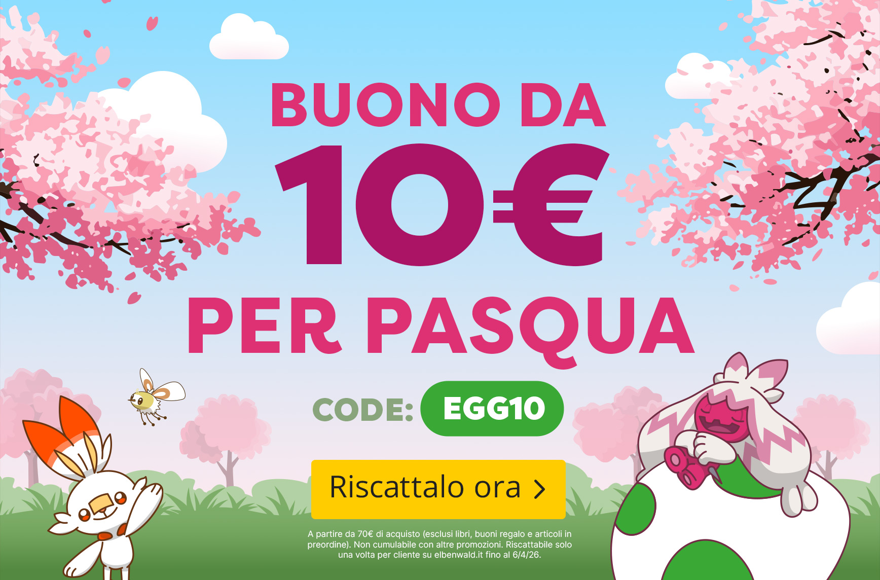 Scena primaverile con fiori di ciliegio e Pokémon Scorbunny e Bewear. Testo: buono di Pasqua da 10 €, codice EGG10. Usalo ora.