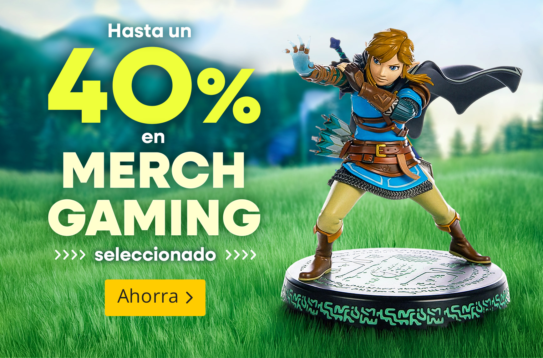 Hasta un 40 por ciento de descuento en merchandising gaming seleccionado. Figura de un aventurero con fondo de paisaje verde, botón « Aprovechar ahora ».