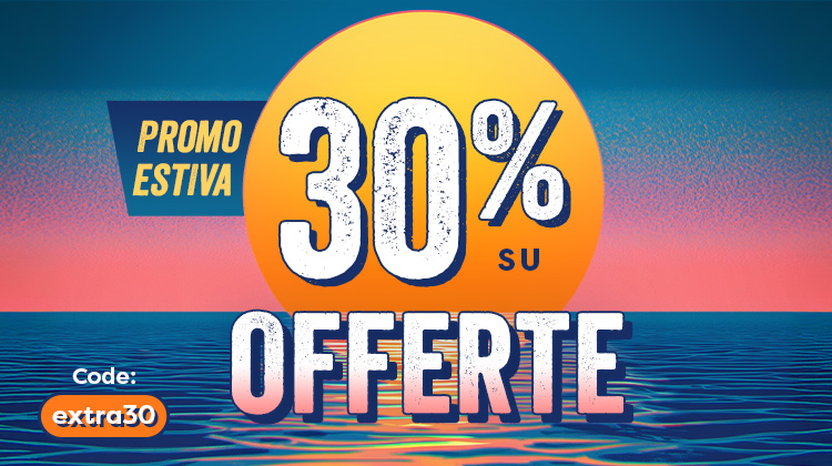 Grafica colorata con tramonto sul mare stilizzato. Grande sole giallo con testo: “Sunny Sale – 30% di sconto sulle offerte”. Codice sconto: extra30.