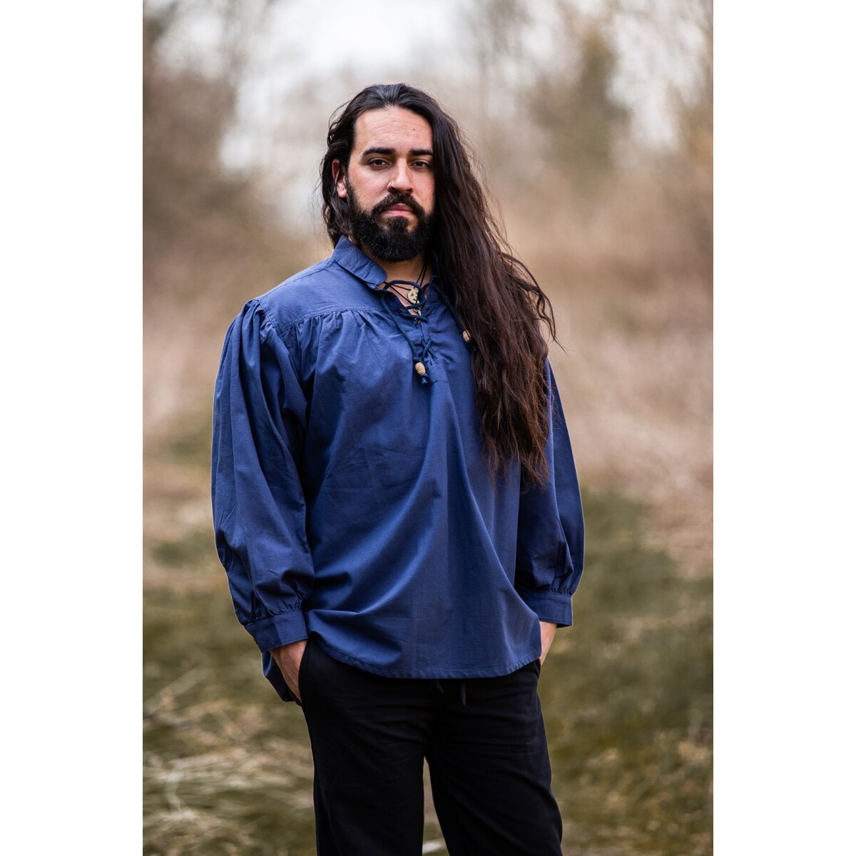 Chemise médiévale à col officier lacée Friedrich bleu