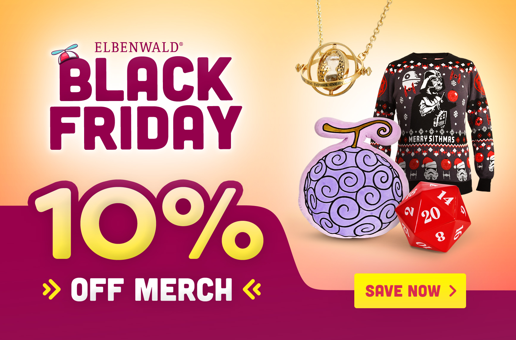 Elbenwald Black Friday teaser with 10 percent off merch. Featured items include a Time Turner, a Star Wars Christmas jumper, a One Piece fruit cushion and a large red D20 die on a warm gradient background.