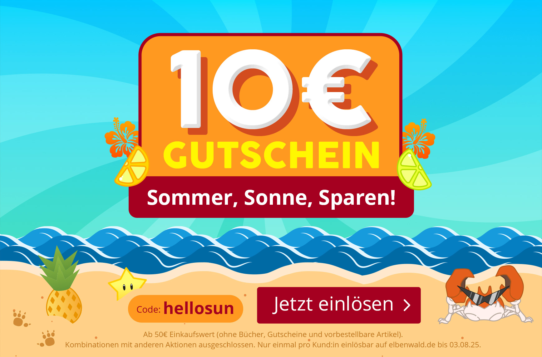 Illustration mit Strand, Meer und Sonne. Text: 10 € Gutschein – Sommer, Sonne, Sparen! Code: hellosun. Jetzt einlösen.