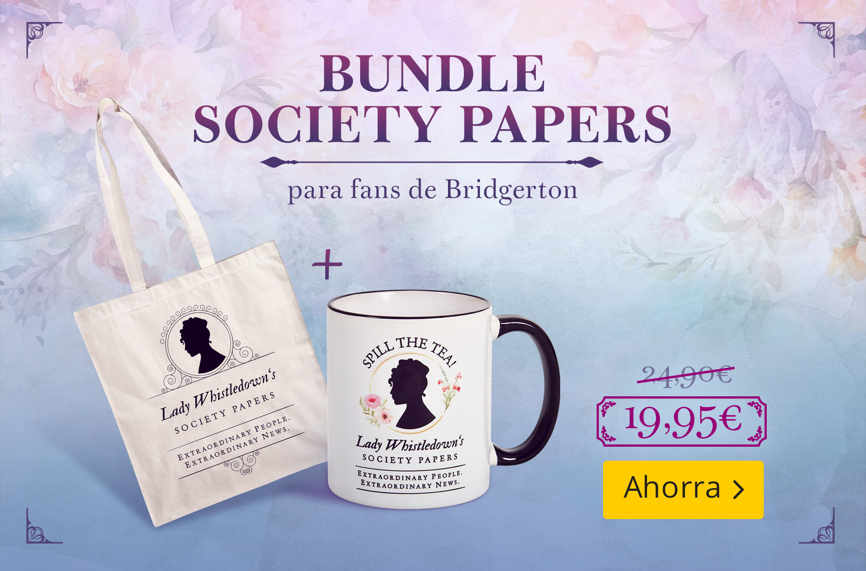 Pack Bridgerton Society Papers con bolsa de tela y taza con diseño de Lady Whistledown, presentado como set con descuento para fans de Bridgerton.