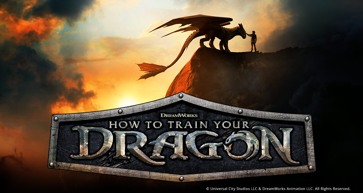 A boy stands on a cliff at sunset, reaching out to touch a dragon’s nose. In front, the “How to Train Your Dragon” logo.