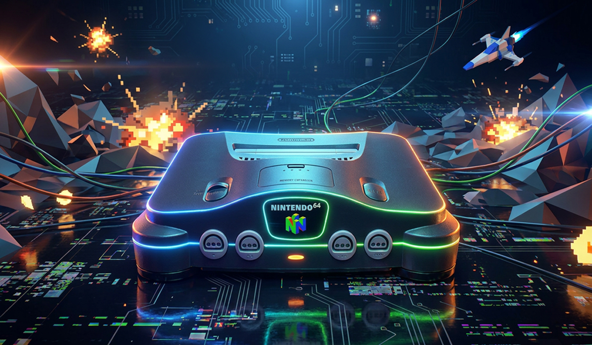 Futuristic Nintendo 64 console with glowing neon edges on a digital circuit board, surrounded by gaming-style explosions and low-poly landscapes.