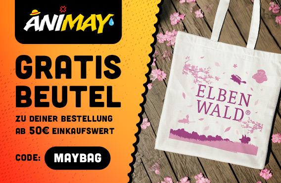 Stoffbeutel mit Elbenwald-Logo und Kirschblüten-Design liegt auf Holzboden, umgeben von rosa Blüten. Text: Gratis Beutel zu deiner Bestellung ab 50 Euro Einkaufswert, Code: maybag.