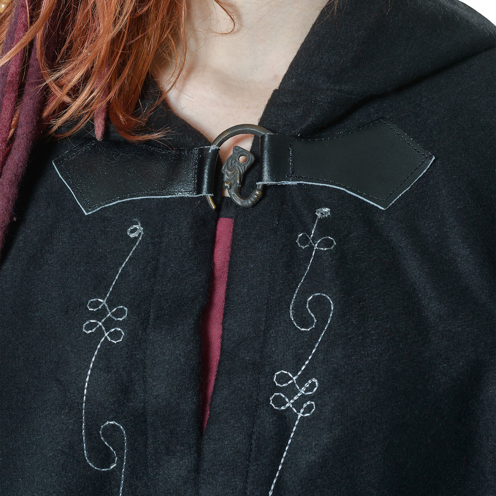 Mittelalter Woll Umhang Damen mit Kapuze Stickerei Metallschließe schwarz